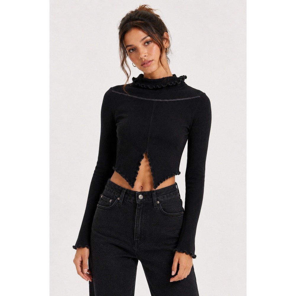Live Tree Womens Black Ribbed Knit Long Sleeve Lettuce Edge Split Hem Top Large